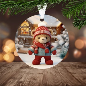 Teddy Bear Christmas Ornament Sublimation PNG, Instant Digital Download Only, Christmas Round Ornament PNG, Christmas Village Design PNG