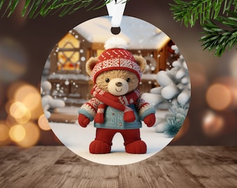 Adorno navideño de osito de peluche (sublimación PNG), descarga digital instantánea, adorno navideño redondo (PNG), diseño de pueblo navideño (PNG)