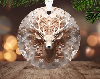 3D Woodland Deer Ornament Sublimation PNG, Instant Digital Download, Christmas Round Ornament PNG, 3D Rustic Deer Wrap
