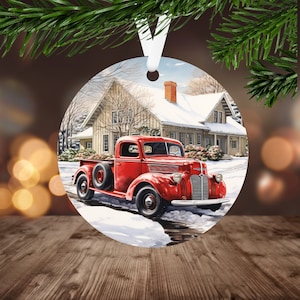 Vintage Red Truck Ornament Sublimation PNG Instant Digital Download Only Christmas Round Ornament PNG, Christmas Farmhouse PNG