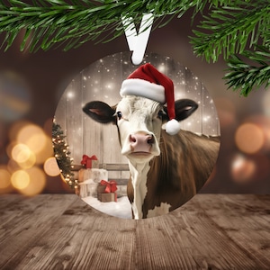 Christmas Dairy Cow Ornament Sublimation PNG, Instant Digital Download Only, Christmas Round Ornament PNG, Rustic Cow in Santa Hat PNG