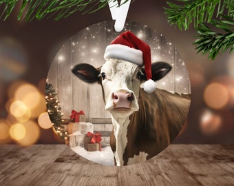 Christmas Dairy Cow Ornament Sublimation PNG, Instant Digital Download, Christmas Round Ornament PNG, Santa Hat Cow Wrap