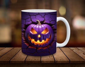 Taza de calabaza morada 3D con sublimación, diseño de envoltura para taza de 11 oz, 15 oz, taza de Halloween, solo descarga digital, diseño de taza de café de otoño, diseño de sublimación