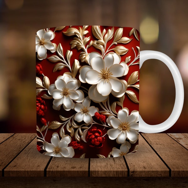 3D Christmas Flowers Mug Sublimation, 3D Christmas 11oz, 15oz Mug Sublimation Wrap, Digital Download ONLY, Coffee Cup Tea Cup Wrap PNG