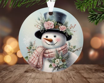 Vintage Pastel Snowman Ornament Sublimation PNG, Digital Download Only, Shabby Chic PNG, Christmas Round Ornament PNG, Winter Wonderland