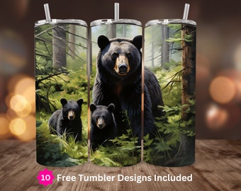 Black Bears Tumbler Wrap 20oz Skinny Tumbler Sublimation Design Digital Download ONLY Nature 20oz Straight Wrap PNG Bears in Forest PNG