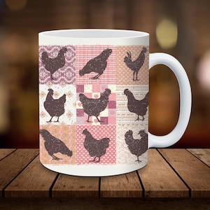 Rustic Chicken Quilt Mug Wrap 11oz, 15oz Mug Sublimation Wrap Digital Download ONLY Coffee Cup Tea Cup Wrap PNG Farm Animal png Mug png Gift