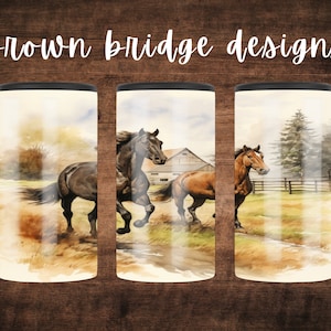 May include: Three sublimation designs featuring horses running in a field. The designs are for a 20 oz skinny tumbler. The first design features a black horse running towards the viewer. The second design features a brown horse running towards the viewer. The third design features a brown horse running away from the viewer.