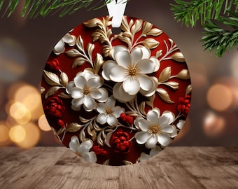 3D Red & White Flower Ornament Sublimation PNG, Instant Digital Download, Christmas Round Ornament, Christmas Flowers Wrap