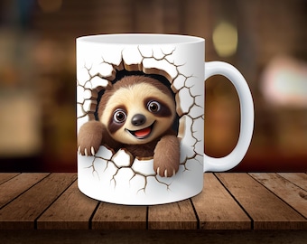 May include: White ceramic coffee mug featuring a smiling cartoon sloth breaking through a cracked wall design. The sloth has brown fur, big eyes, and a red mouth. The mug has a white handle and is on a wooden surface.