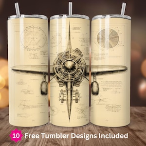 Propeller Plane Plans 20 oz Skinny Tumbler Antique PNG Sublimation Design Instant Digital Download ONLY Airplane Tumbler Wrap PNG