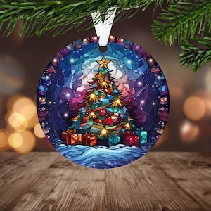 Stained Glass Tree Christmas Ornament Sublimation PNG Instant Digital Download ONLY Christmas Round Ornament PNG Decorated Christmas Tree