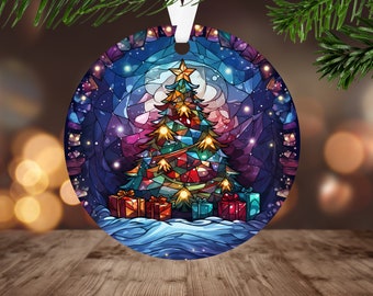 Stained Glass Tree Christmas Ornament Sublimation PNG Instant Digital Download ONLY Christmas Round Ornament PNG Decorated Christmas Tree