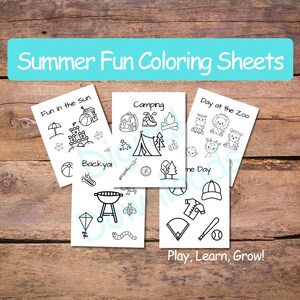 5 fogli di lavoro stampabili da colorare per bambini a tema estivo: scuola materna, asilo nido e homeschooling. Pagine da colorare a tema estivo.