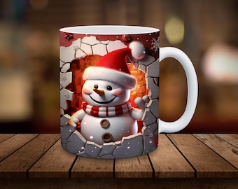 3D Snowman Mug Sublimation, Christmas Break Through, 11oz, 15oz Mug Sublimation Wrap, Digital Download ONLY, Coffee Cup Tea Cup Wrap PNG