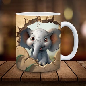 3D Elephant Mug Sublimation, 11oz, 15oz Mug Sublimation Wrap, Digital Download ONLY, Coffee Cup Tea Cup Wrap PNG, Break Through Design