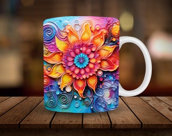 3D Boho Flower Mug 11oz, 15oz Mug Sublimation Wrap, Digital Download PNG ONLY, Coffee Cup Tea Cup Wrap PNG, 3D Flower Mug