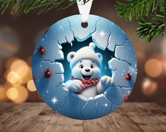 3D Polar Bear Cub Ornament Sublimation PNG, Instant Digital Download, Christmas Round Ornament PNG, Christmas Bear Breaking Through Ice