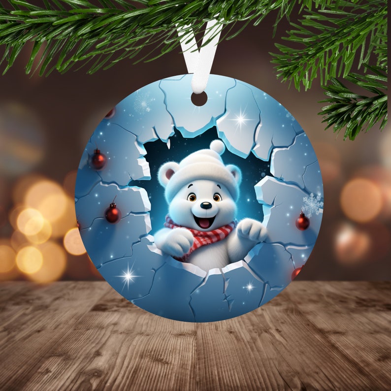 3D Polar Bear Cub Ornament Sublimation PNG, Instant Digital Download, Christmas Round Ornament PNG, Christmas Bear Breaking Through Ice image 1
