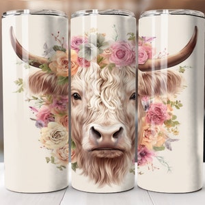 Highland Cow Tumbler 20oz Skinny Sublimation Design 3D Cow Flower Tumbler 20oz Straight Tumbler Wrap PNG Digital Download Only