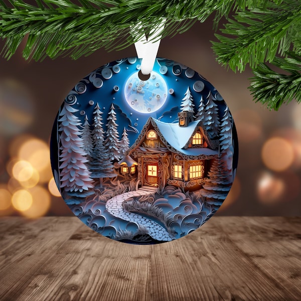 3D Cottage Ornament Sublimation PNG, Instant Digital Download, Christmas Round Ornament PNG, Christmas Cottage in the Woods