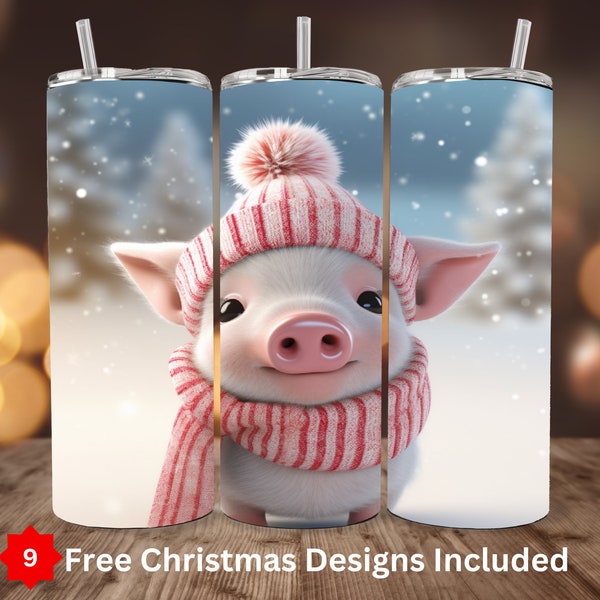 Cute Christmas Pig Tumbler 20oz, 30oz Sublimation Design Digital Download ONLY Straight and Tapered Tumbler Wraps 3D Pig Cozy Scarf & Hat