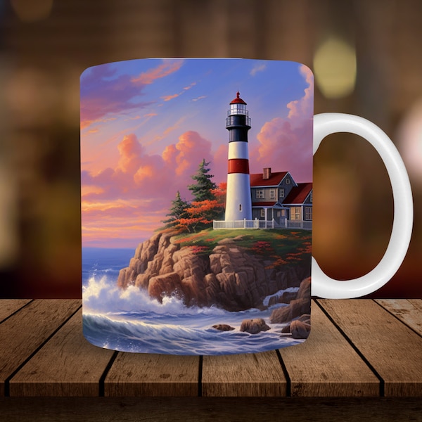 Lighthouse Mug Sublimation, 11oz, 15oz Mug Sublimation Wrap, Digital Download ONLY, Coffee Cup Tea Cup Wrap PNG Rugged Coastline Sunset