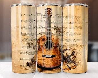 Guitar Tumbler Wrap 20oz Skinny Sublimation Music Notes Instant Digital Download ONLY 20oz Straight Tumbler Wrap PNG Musician PNG