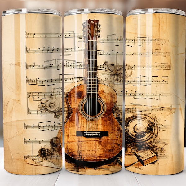 Guitar Tumbler Wrap 20oz Skinny Sublimation Music Notes Instant Digital Download ONLY 20oz Straight Tumbler Wrap PNG Musician PNG