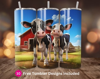 3D Young Dairy Cows 20oz Straight Tumbler Wrap Digital Download PNG Sublimation Design 20oz Skinny Tumbler PNG Farm PNG