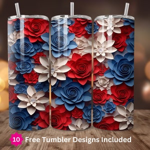 3D Red White Blue Flower PNG Wrap 20oz Skinny Tumbler Sublimation Design Patriotic Tumbler PNG 20oz Straight Tumbler Design Digital Download