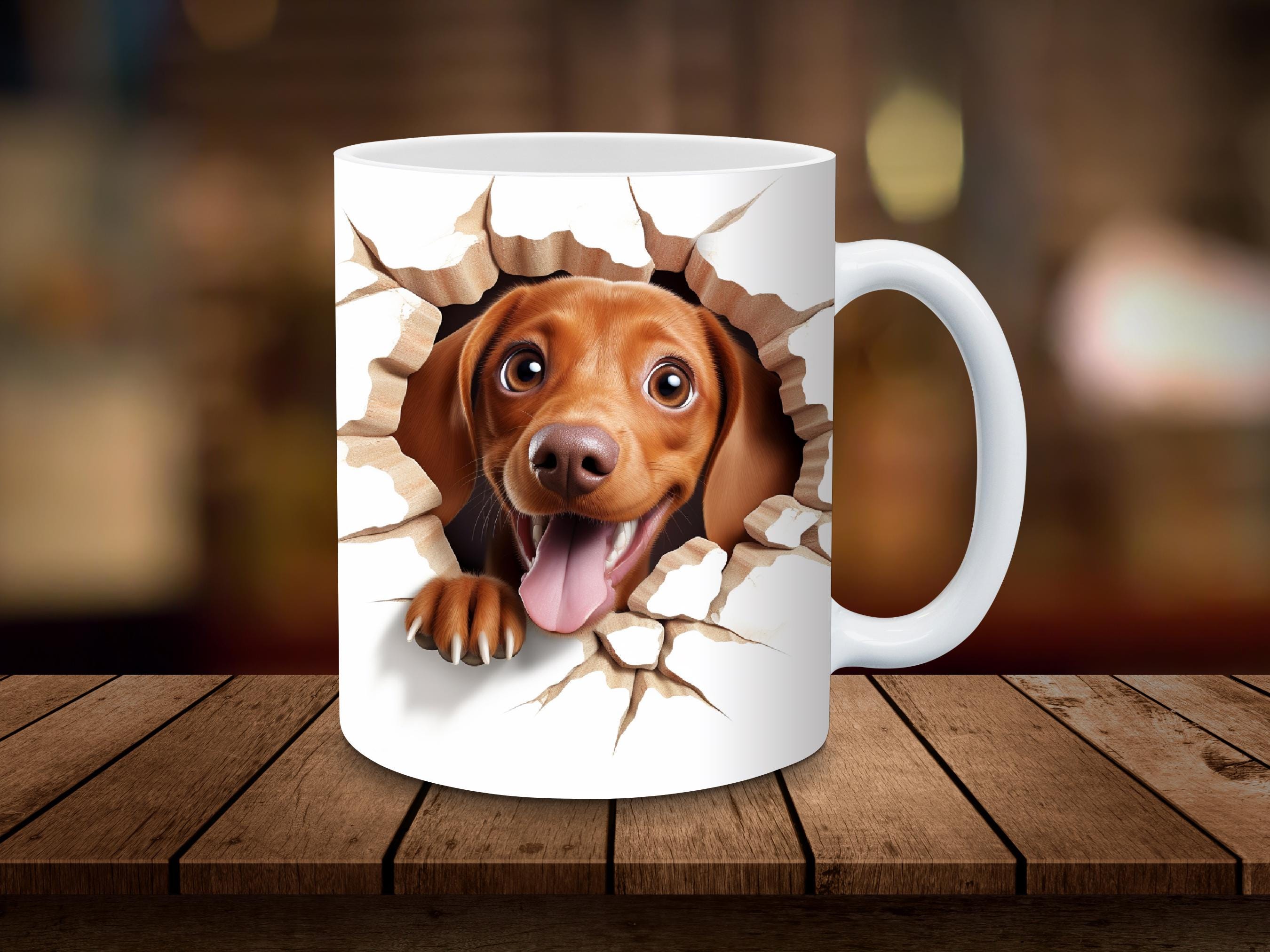 Dog Mug Wrap 3D Dachshund 11oz, 15oz Mug Sublimation Wrap Digital Download ONLY Coffee Cup Tea Cup Wrap PNG, Break Through PNG Dog Mom Gift