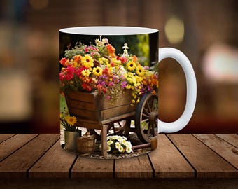 Gardening Mug Wrap 11oz, 15oz Mug Sublimation Wrap Digital Download ONLY Coffee Cup Tea Cup Wrap PNG Flower Garden Wheelbarrow Gardener Gift