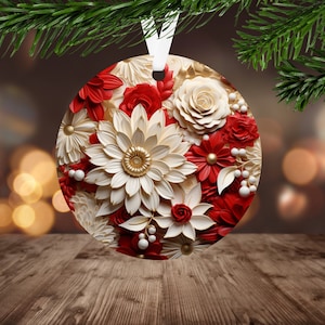 3D Flower Christmas Ornament Sublimation PNG, Instant Digital Download Only, Christmas Round Ornament, Red & White Flowers PNG