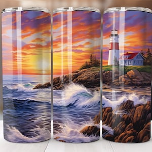 Lighthouse 20oz Straight Tumbler Sublimation Design, Digital Download Only, 20 oz Skinny Wrap PNG, Waves breaking on Cliffs