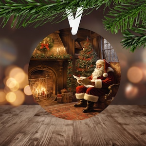 May include: Round Christmas ornament featuring Santa Claus reading in a cozy room with a fireplace and Christmas tree. The ornament has a white ribbon for hanging. The scene is warm with a festive holiday theme.