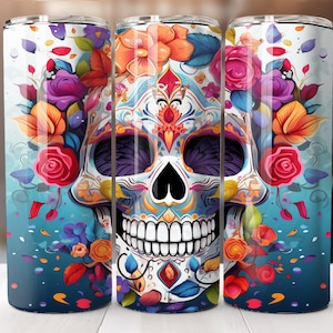 Neon Sugar Skull Tumbler Wrap Bright Colors 20oz Skinny Tumbler Sublimation Design Digital Download ONLY 20oz Straight Wrap PNG Floral