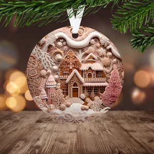3D Gingerbread House Ornament Sublimation PNG, Instant Digital Download Only, Christmas Round Ornament, Rose Gold Christmas House PNG