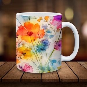 Wildflower Mug Wrap 11oz, 15oz Mug Sublimation Wrap Digital Download ONLY Coffee Cup Tea Cup Wrap PNG Alcohol Ink Flowers Colorful PNG