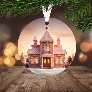 Pink Gingerbread House Ornament Sublimation PNG, Instant Digital Download Only, Christmas Round Ornament PNG, Christmas Gingerbread PNG