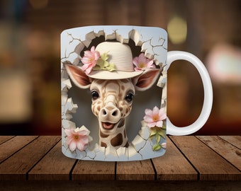 3D Giraffe Mug Sublimation, 11oz, 15oz Mug Sublimation Wrap, Digital Download ONLY, Coffee Cup Tea Cup Wrap PNG, Break Through Design