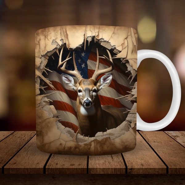 3D Deer Mug Sublimation, 11oz 15oz Mug Sublimation Wrap, Digital Download ONLY, Coffee Cup Tea Cup Wrap PNG, Break Through American Flag