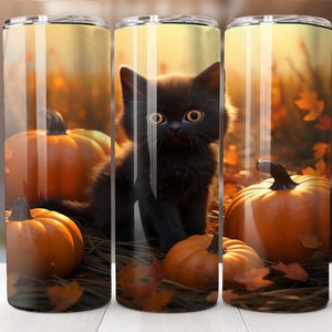 Cute Black Kitten Tumbler 20oz Skinny Sublimation Design Autumn PNG 20oz Straight Tumbler Wrap Digital Only Halloween Theme Pumpkin Patch