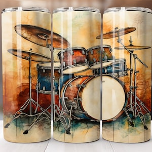 Ensemble de tambour aquarelle 20 oz Skinny Tumbler Note de musique PNG Sublimation Design Téléchargement numérique PNG Téléchargement instantané Fleur 20 oz Straight Tumbler