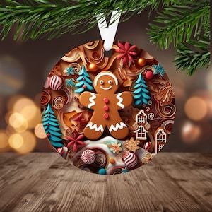 3D Gingerbread Man Ornament Sublimation PNG, Instant Digital Download Only, Christmas Round Ornament PNG, Christmas Gingerbread PNG