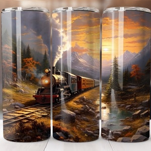 Train Tumbler Sublimation, 20oz Skinny Sublimation Design, Old Fashion Steam Train, Digital Download Only, Mountain Sunset Scene