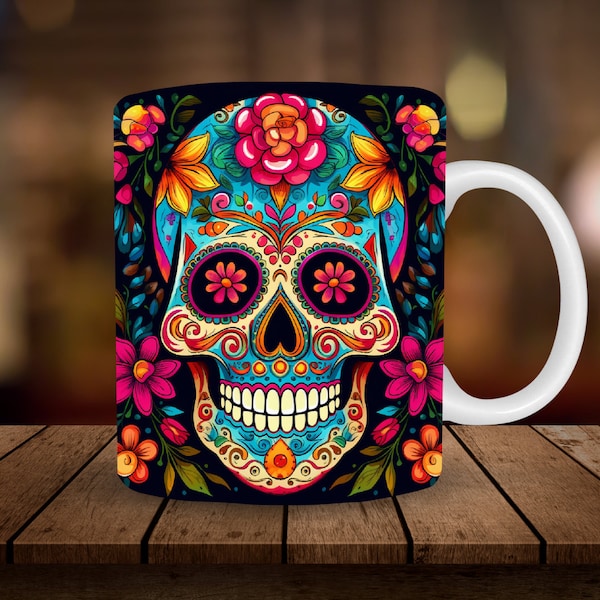 Sugar Skull Mug Sublimation, 11oz, 15oz Mug Sublimation Wrap, Digital Download ONLY, Coffee Cup Tea Cup Wrap PNG Neon Flowers PNG