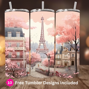 Pink Eiffel Tower Tumbler 20oz Skinny Sublimation Design Instant Digital Download PNG Only 20oz Straight Tumbler Wrap PNG Paris in Spring
