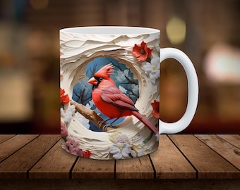 3D Cardinal Mug Sublimation, 11oz, 15oz Mug Sublimation Design Instant Digital Download ONLY Sublimation Wrap PNG Christmas Cracked Hole
