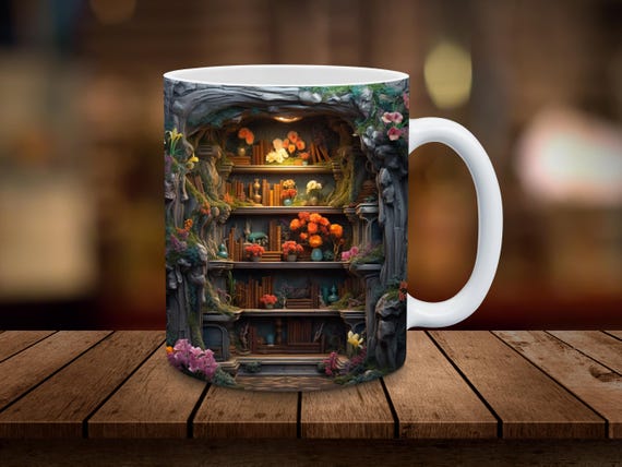 3D Bookshelf Mug Wrap 11oz, 15oz Mug Sublimation Wrap Digital Download ONLY, Gift for Book Lover Coffee Cup Tea Cup Wrap 3D Books in Cave
